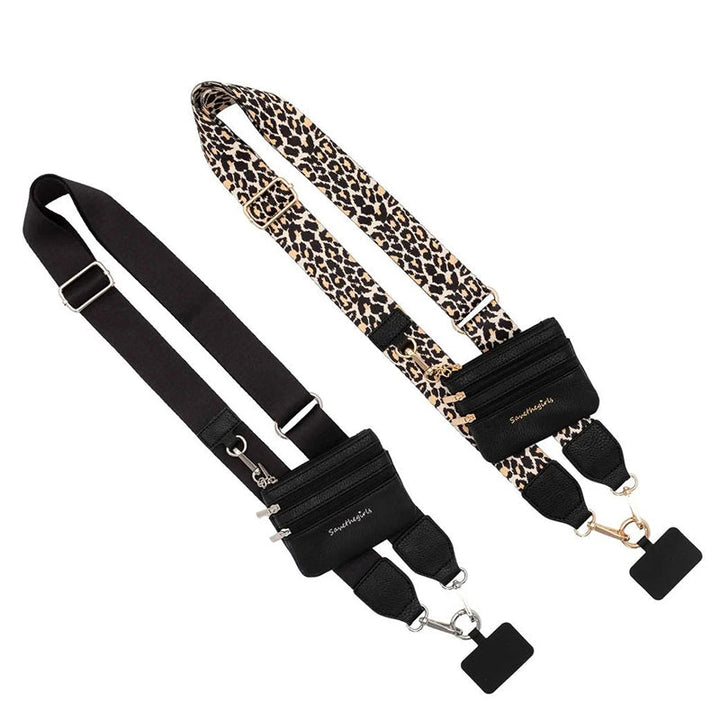 Fashionable black nylon crossbody phone strap with a discreet zipper pouch, ideal for minimalist carrying.