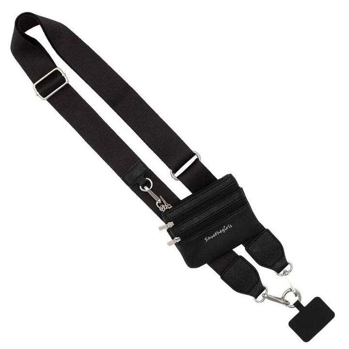 Tech accessory: black crossbody phone strap offering hands-free convenience and a small zipper pouch.