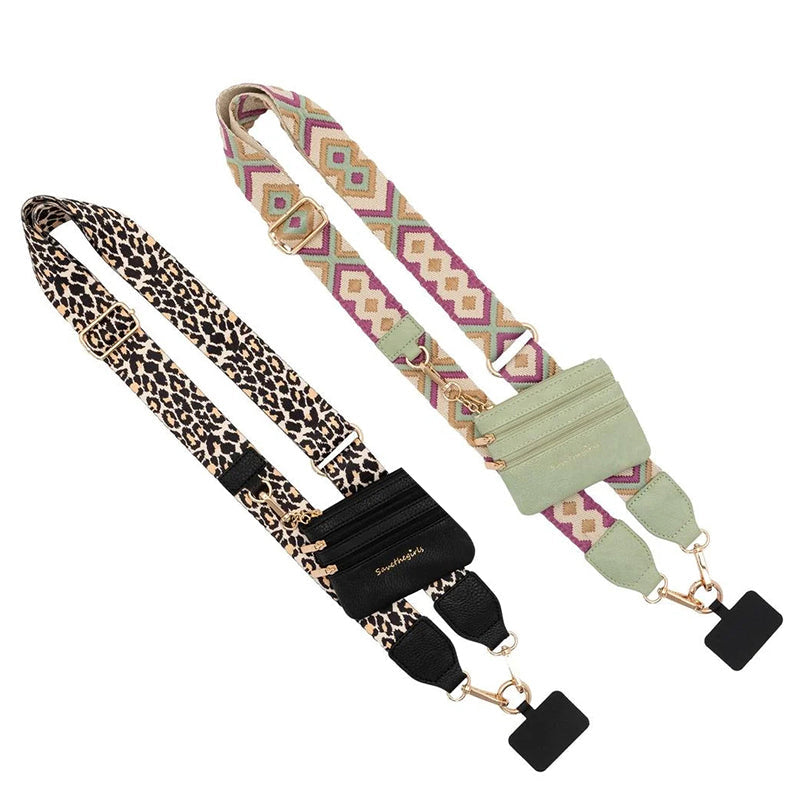 Crossbody phone holder with a black nylon strap and a compact zipper pouch, perfect for events.