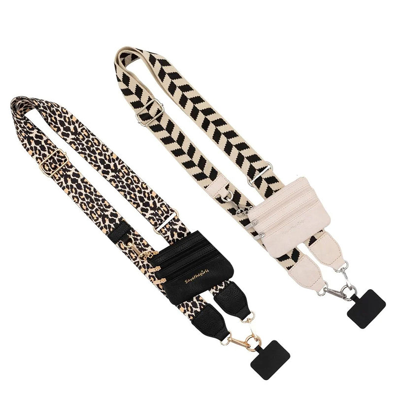 Black hands-free phone strap with zipper pouch, offering a comfortable and secure way to carry your phone.