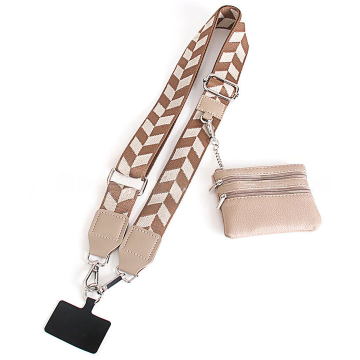 Black nylon hands-free phone strap with a zipper pouch, a versatile and essential tech accessory.