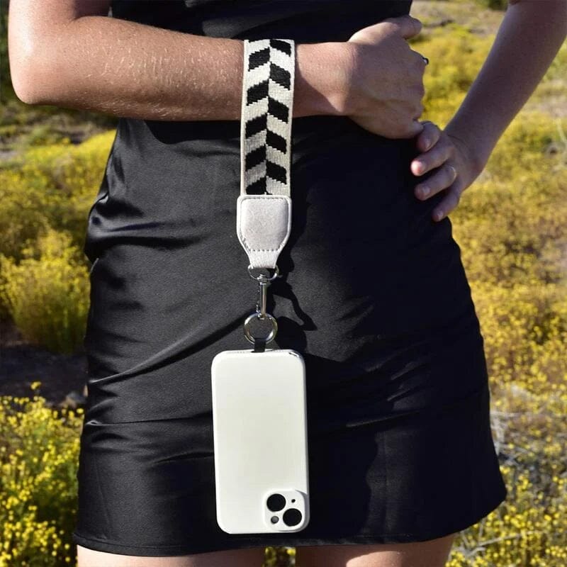 Fashion accessory: a black crossbody phone strap featuring a secure zipper pouch for essentials.