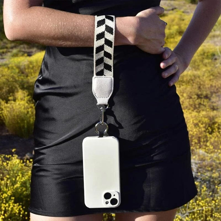 Fashion accessory: a black crossbody phone strap featuring a secure zipper pouch for essentials.