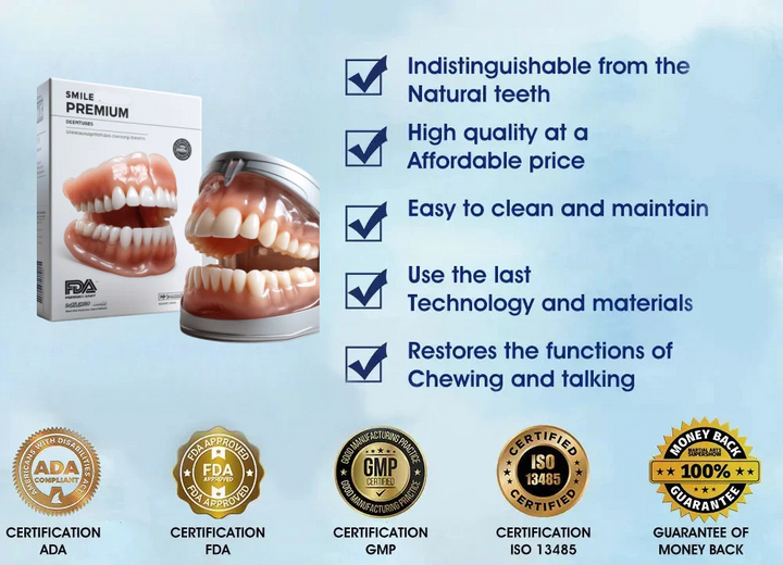 Close-up of custom-fit complete dentures, showing natural ivory & white teeth for a radiant smile.