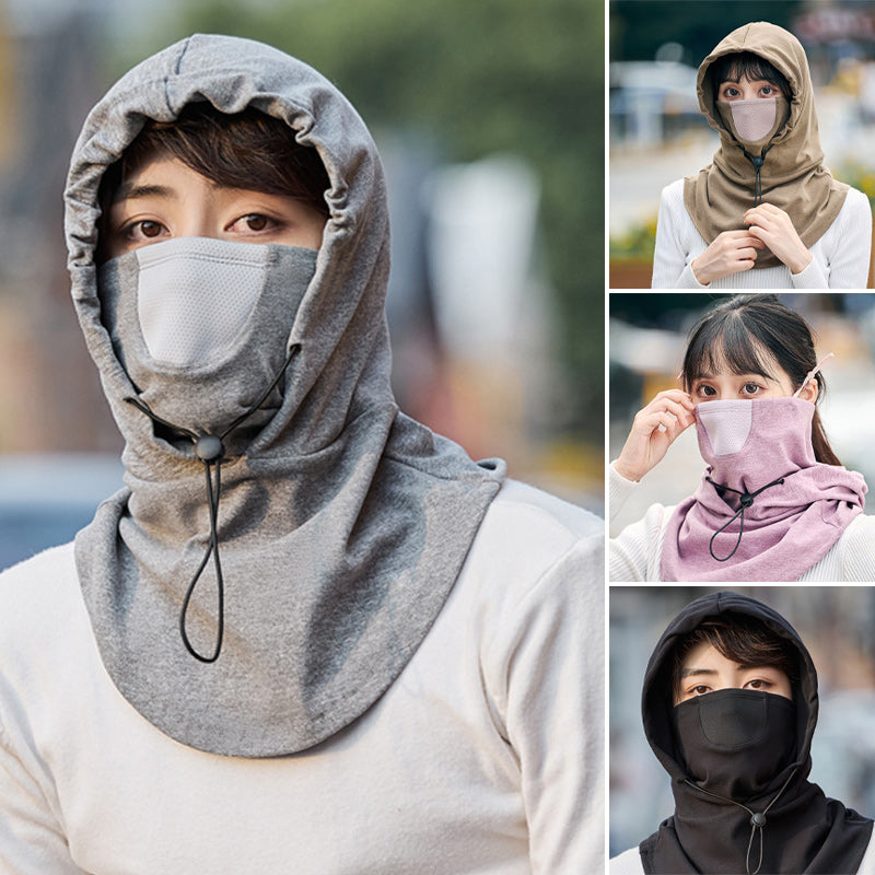 Unisex cycling hooded face mask & neck warmer, black, full coverage for winter sports