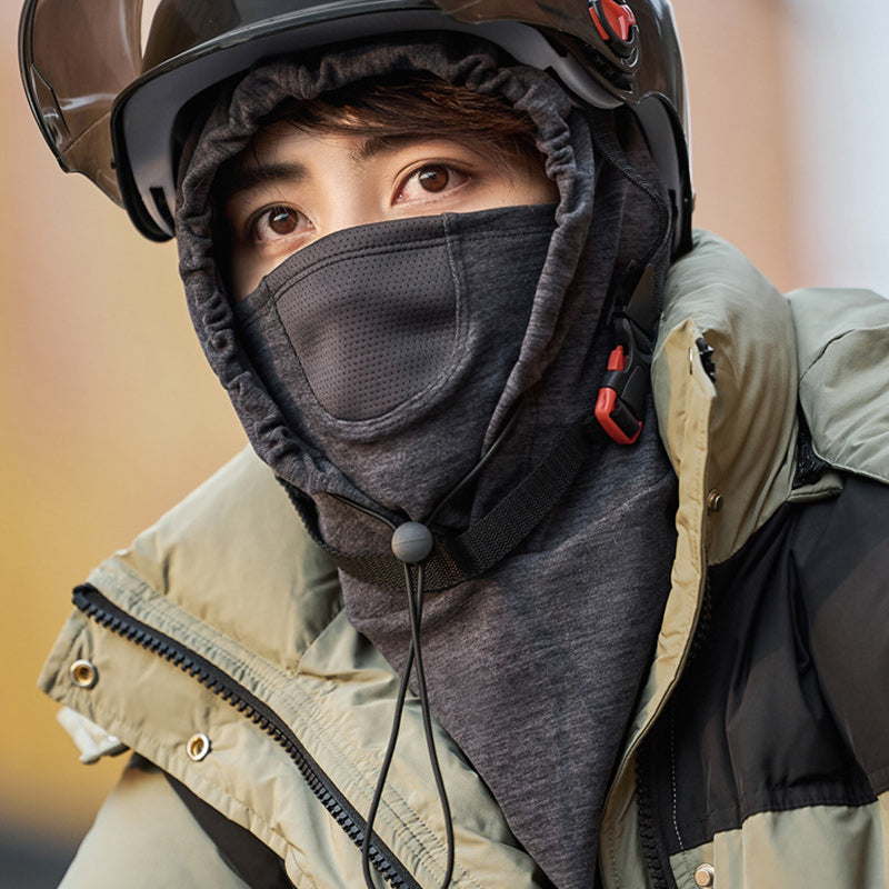 Hooded face cover for cycling, flexible fabric, suitable for various head sizes