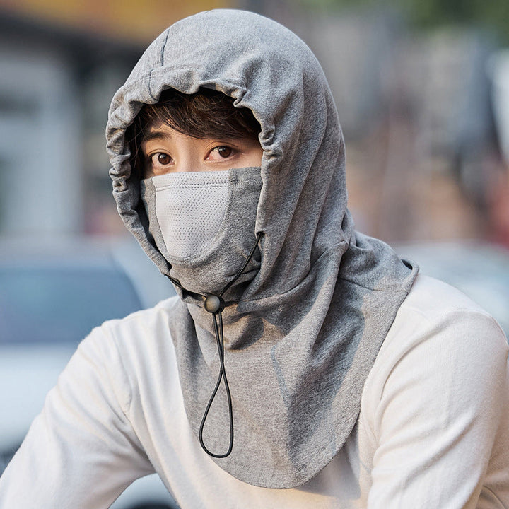 Black cycling hooded face mask, ergonomic design for comfortable fit during rides