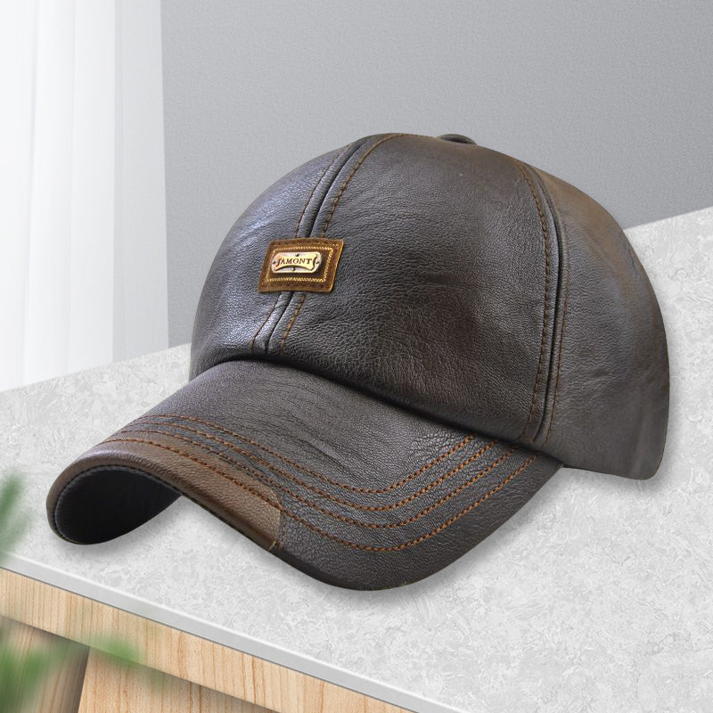Outdoor shot of someone wearing a dark brown PU leather baseball cap, versatile & trendy