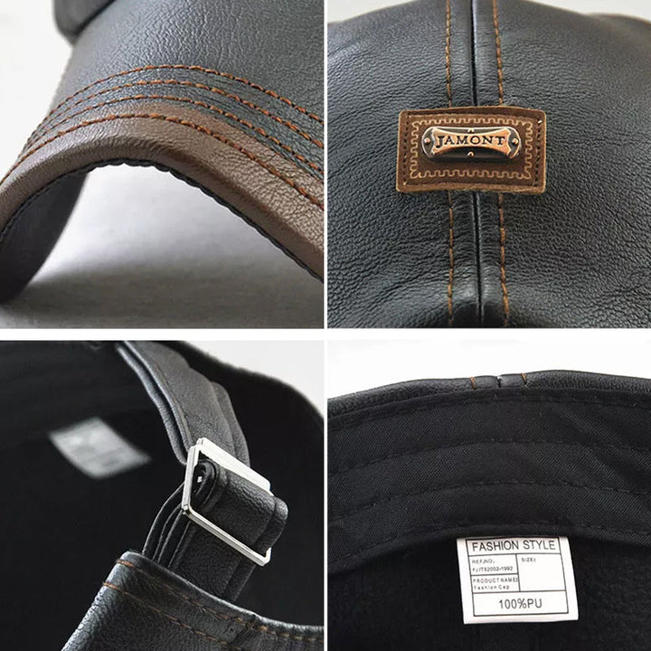 Close-up of the dark brown PU leather texture on a unisex winter baseball cap, durable fabric