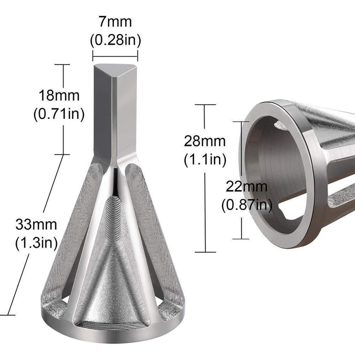 Deburring External Chamfer Tool attached to a drill, demonstrating its use as a drill bit accessory for hardware repair