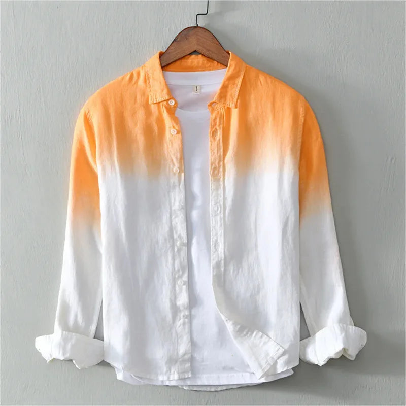 Casual dip dye button down shirt for men and women, featuring a stylish blue and white gradient.