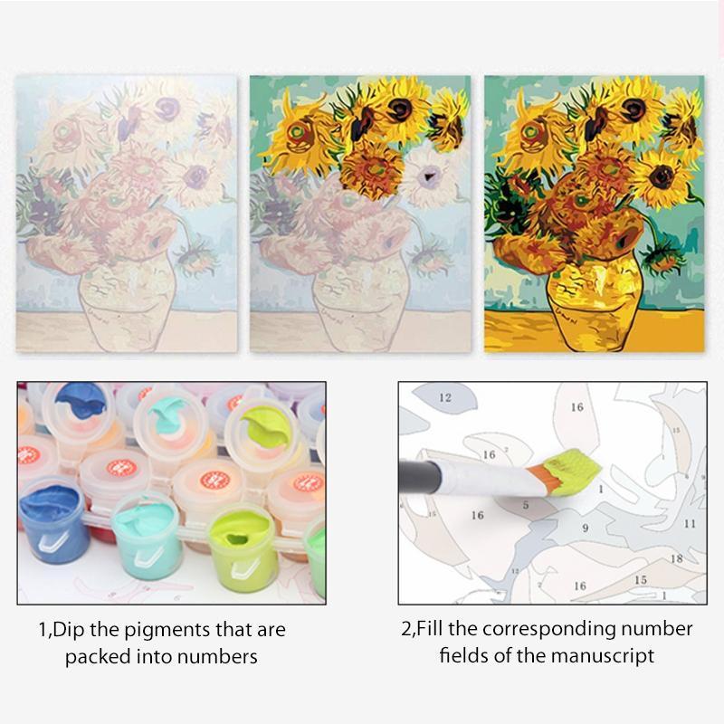 Complete paint by number kit with canvas, paints, and brushes, perfect for adult craft and hobby.
