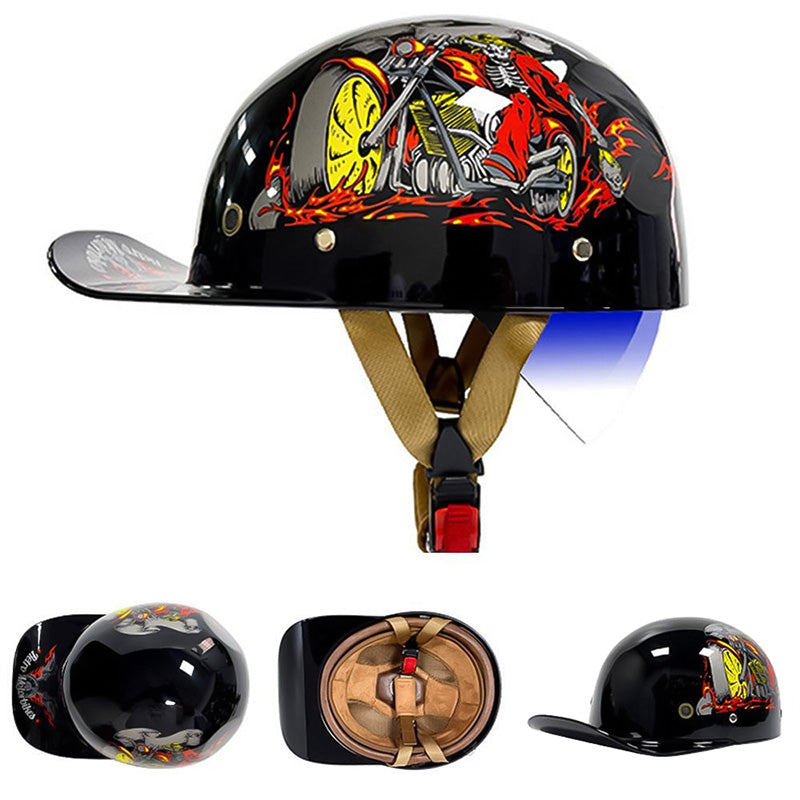 Secure DOT approved half helmet, designed as a baseball cap for motorcycle riders.
