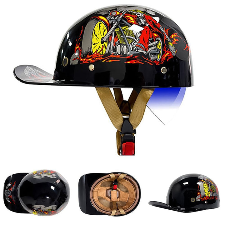 Secure DOT approved half helmet, designed as a baseball cap for motorcycle riders.