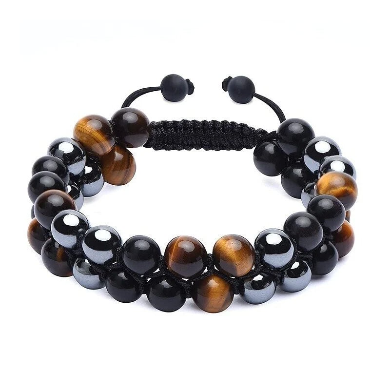 Unisex double-layered gemstone protection bracelet with tiger's eye, obsidian, and hematite beads.