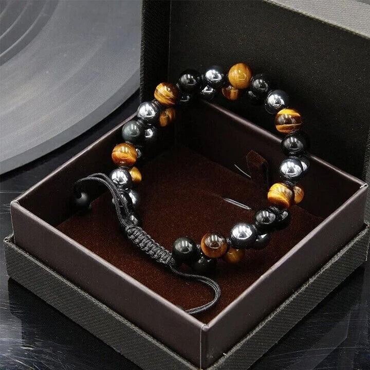 Stylish double-layered gemstone bracelet for men and women, featuring healing hematite and tiger's eye.