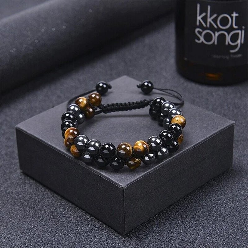 Fashion accessory: Unisex double-layered bracelet with natural tiger's eye, obsidian, and hematite gemstones.
