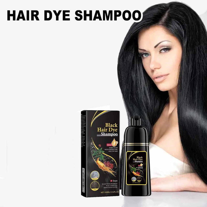 Plant-based black hair dye shampoo, effectively covering grays & enhancing natural dark hair color.