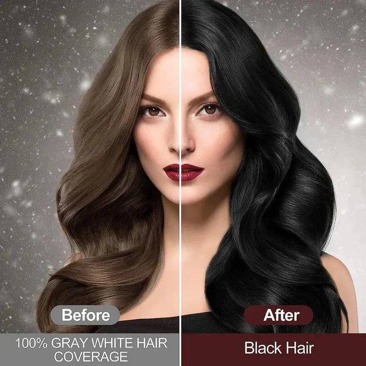 Unisex gray coverage hair dye shampoo, delivering easy, natural black color & frizz control for smooth hair.
