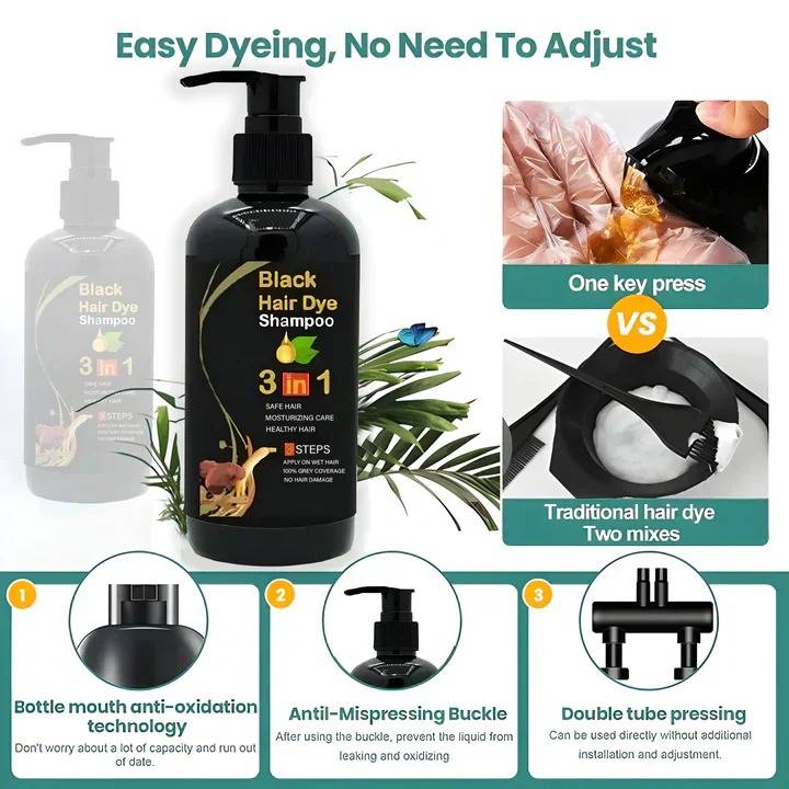 Easy black hair coloring shampoo, plant-based formula for gray coverage & promoting healthy hair growth.