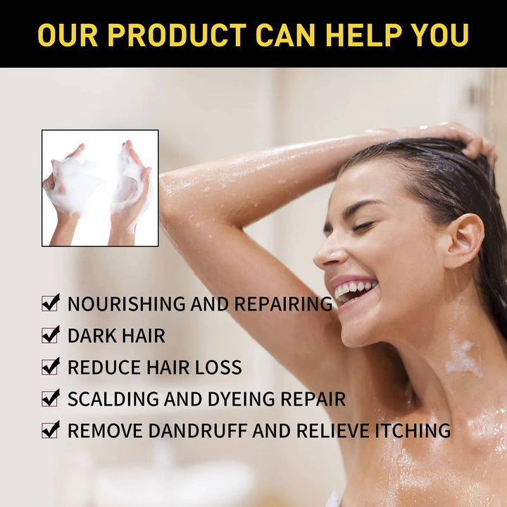 Unisex black hair dye shampoo with gray coverage, designed for easy application and lasting natural color.