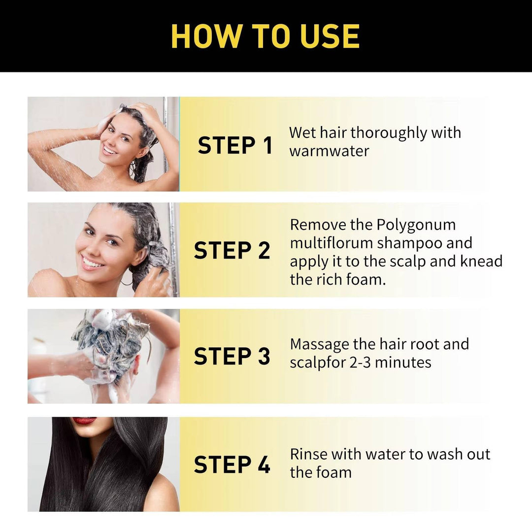 Deep black hair dye shampoo, plant-based for natural gray coverage, leaving hair soft and vibrant.
