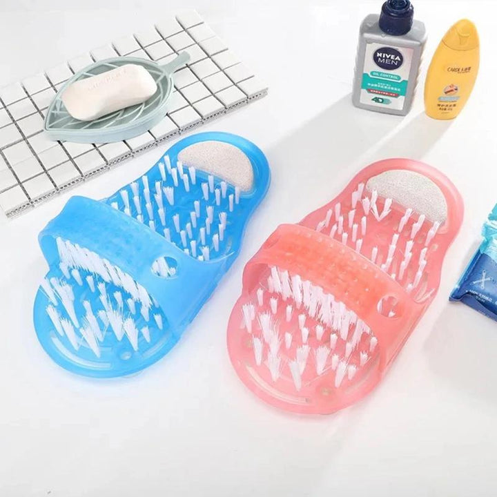 Shower foot massager slipper, blue/grey, for exfoliating and cleaning feet in bathroom