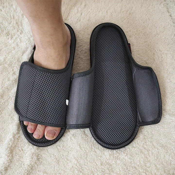 Openable unisex slippers for easy wear on swollen & diabetic feet. Adjustable, wide fit house shoes for comfort.