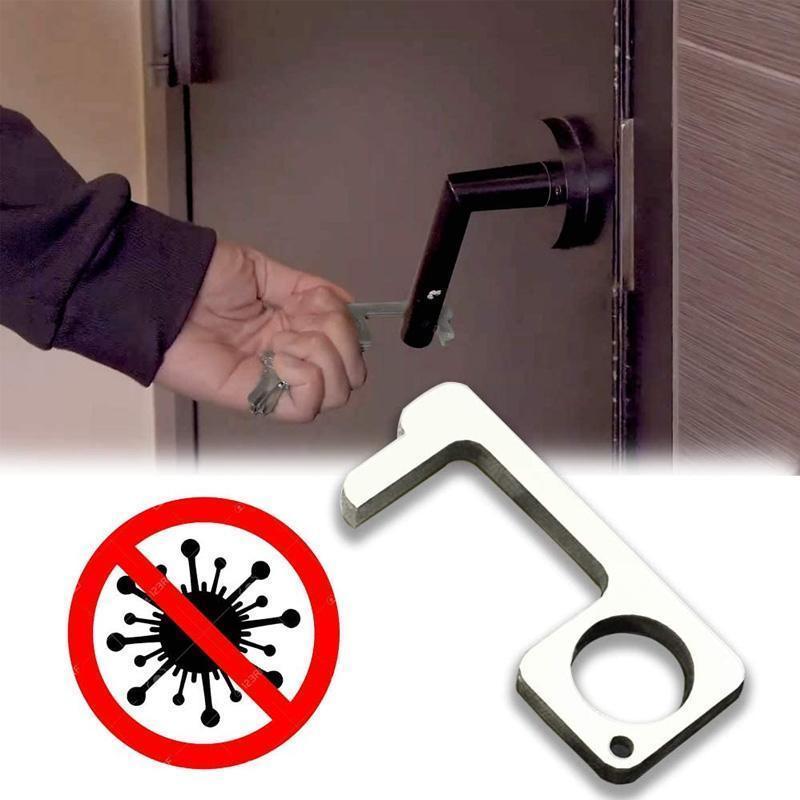 Multifunctional EDC touch-free door opener key tool, promoting hygiene & contactless interaction on surfaces.