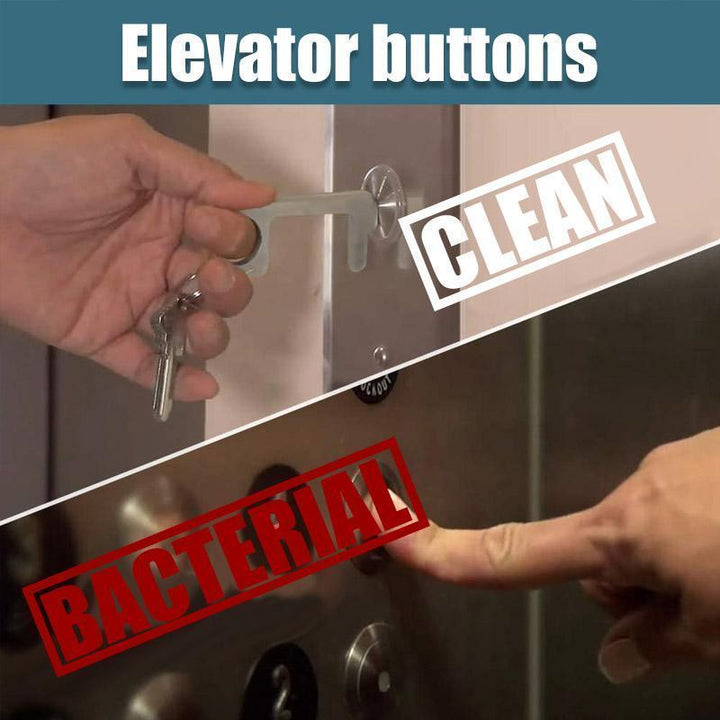 Durable metal EDC touch-free door opener tool, featuring a hook for door handles & stylus for hygienic contact.