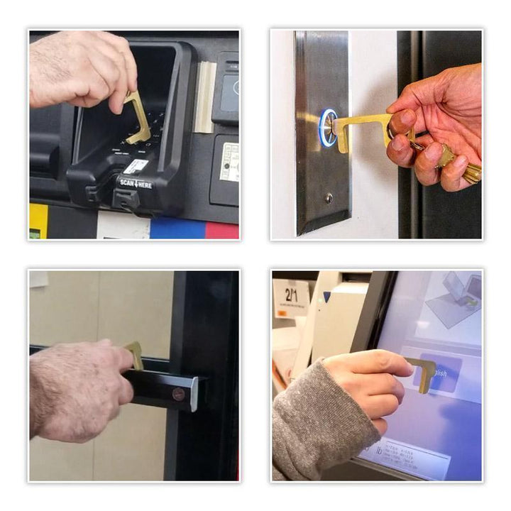 Versatile shiny silver EDC touch-free door opener, designed for enhanced hygiene and contactless utility.