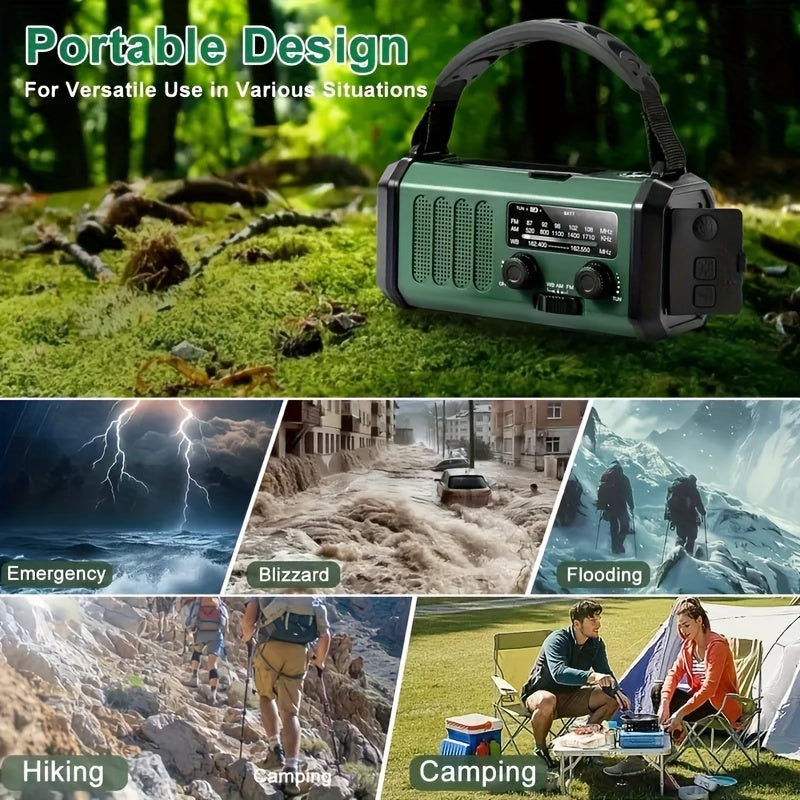 Compact unisex emergency radio with 10,000 mAh power bank, solar panel & hand crank. Perfect for outdoor adventures.