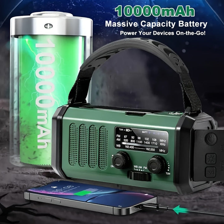 Solar & hand crank emergency radio with 10,000 mAh power bank for phone charging. Essential survival gear for camping.