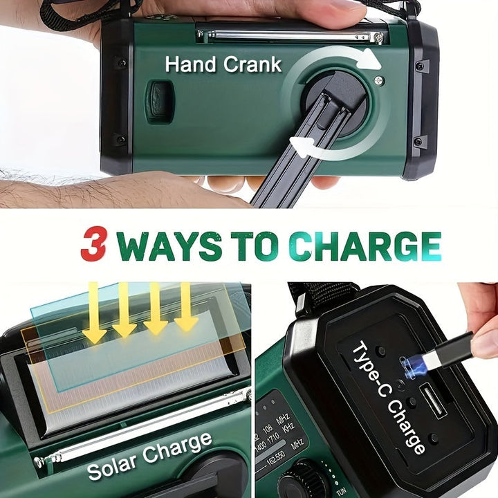 Camping essential: Emergency radio with 10,000 mAh power bank, solar/crank, NOAA weather, AM/FM & powerful flashlight.