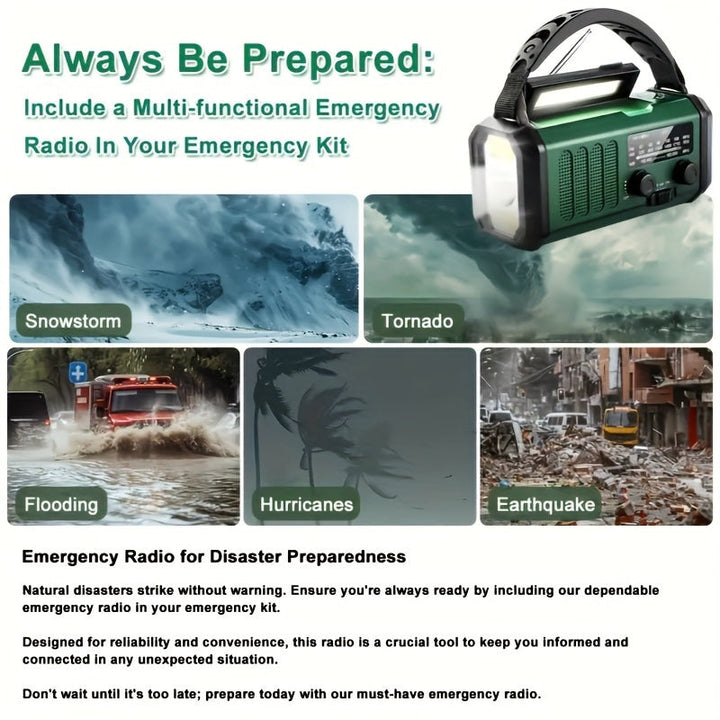 Robust emergency radio with built-in 10,000 mAh power bank, bright flashlight, SOS alarm & hand crank for emergencies.