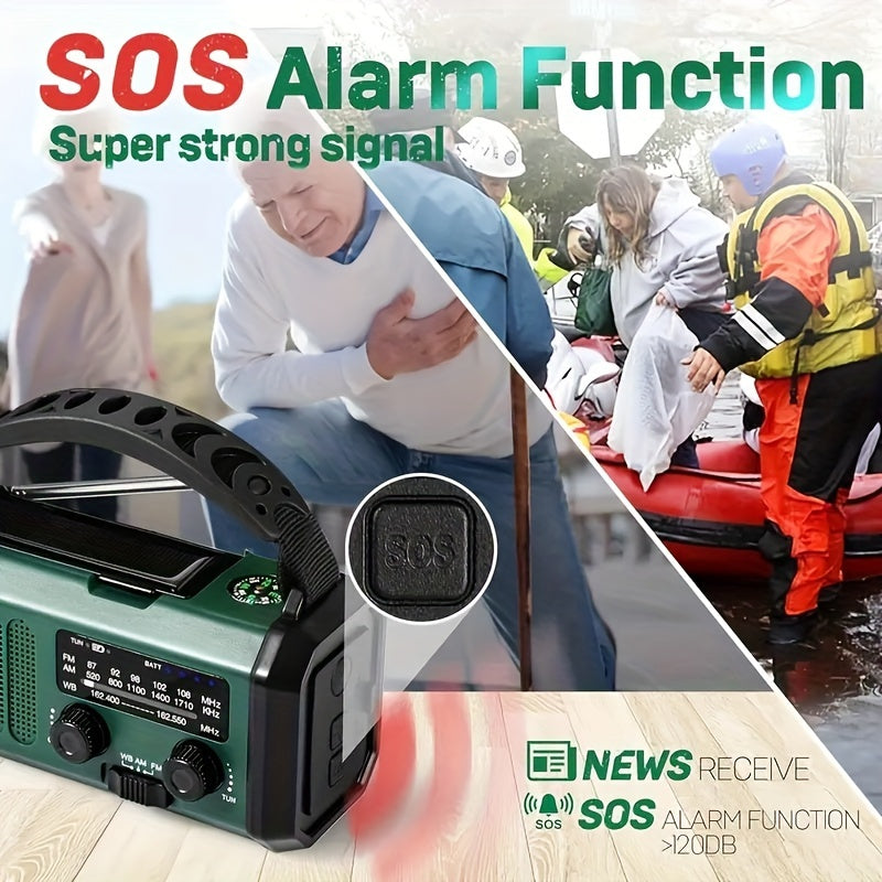 Survival gear: Emergency radio, 10,000 mAh power bank, solar charger, hand crank, flashlight & compass for outages.