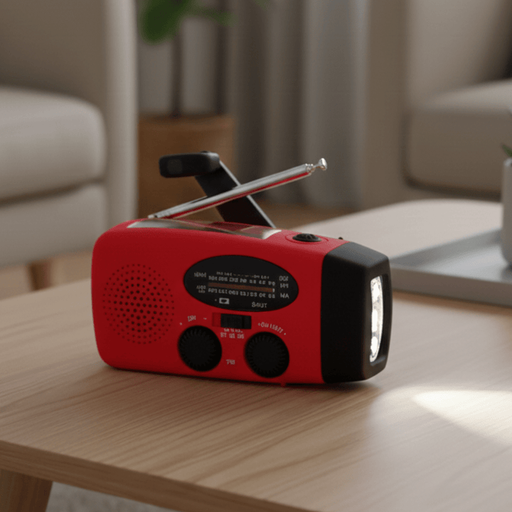 Unisex emergency weather radio with hand crank, LED flashlight, and power bank for outdoor survival.