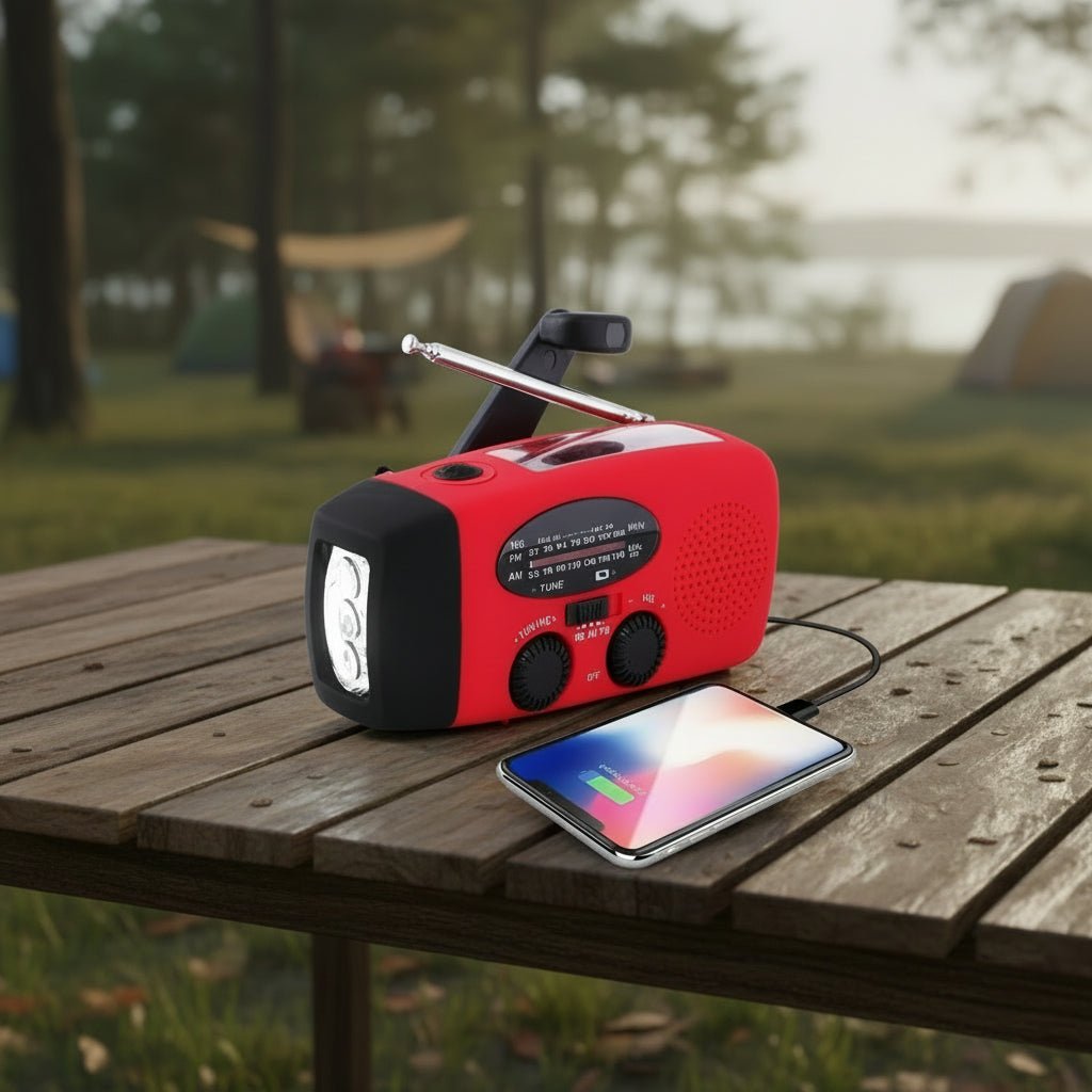 Portable emergency weather radio power bank with hand crank to charge phones & devices during outages.