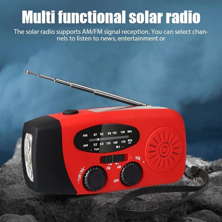 NOAA weather alert radio with hand crank & LED flashlight, keeping you informed & safe during severe weather.