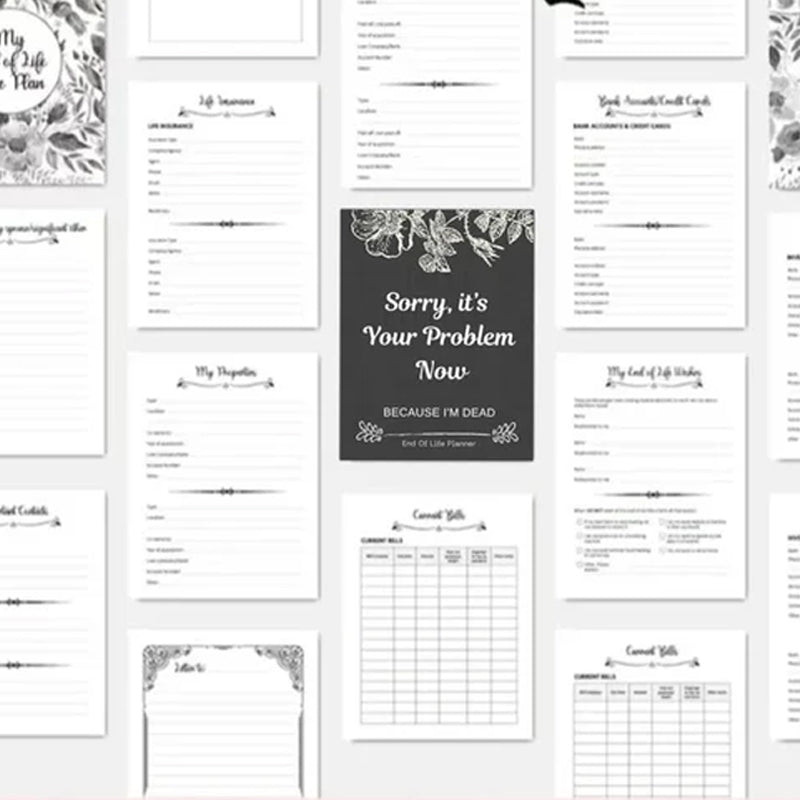 Interior pages of the Unisex End-of-Life Planning Organizer Kit, showing space for wills & important documents.
