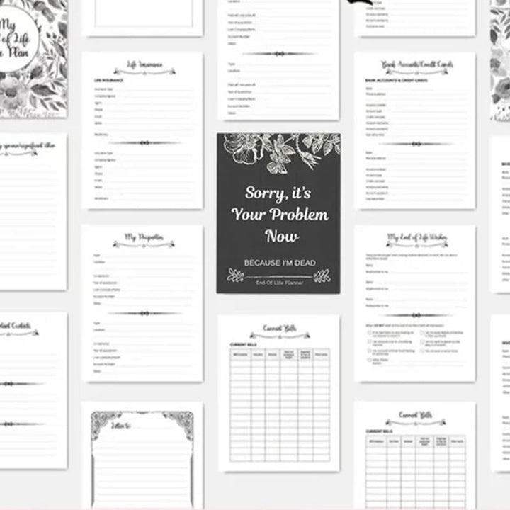 Interior pages of the Unisex End-of-Life Planning Organizer Kit, showing space for wills & important documents.