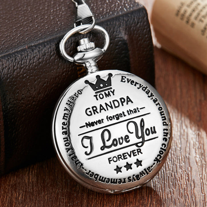 Elegant unisex engraved pocket watch & chain on a dark background, perfect for gifting