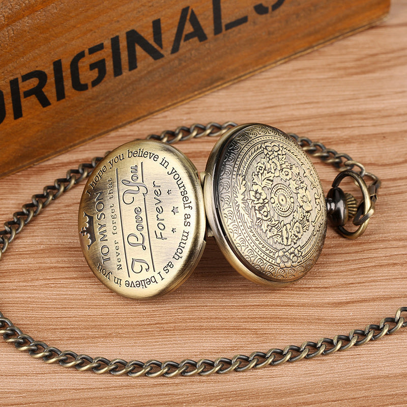 Vintage-style silver quartz pocket watch with custom engraving, ideal gift for him