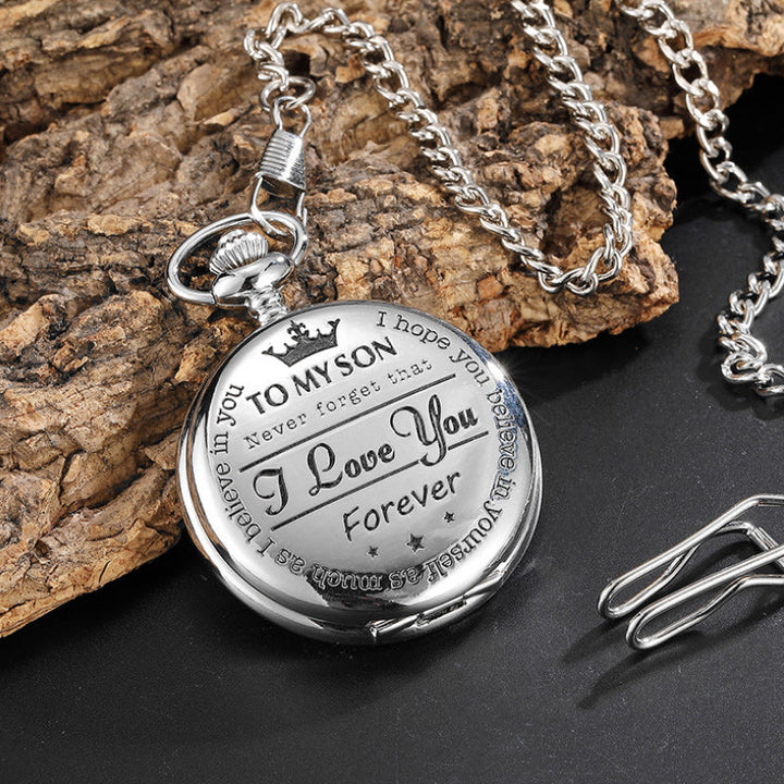 Pocket watch for men, silver quartz with personalized engraving, thoughtful grandpa gift