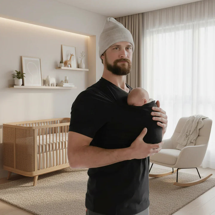 Close-up of a comfortable unisex ergonomic baby carrier t-shirt providing newborn support.