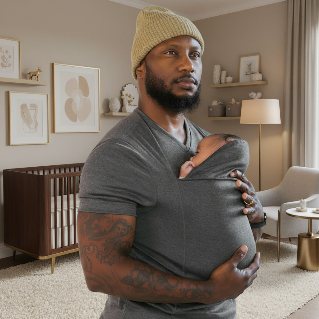 Stylish ergonomic baby carrier t-shirt, perfect parent gear for hands-free, comfortable infant carrying.