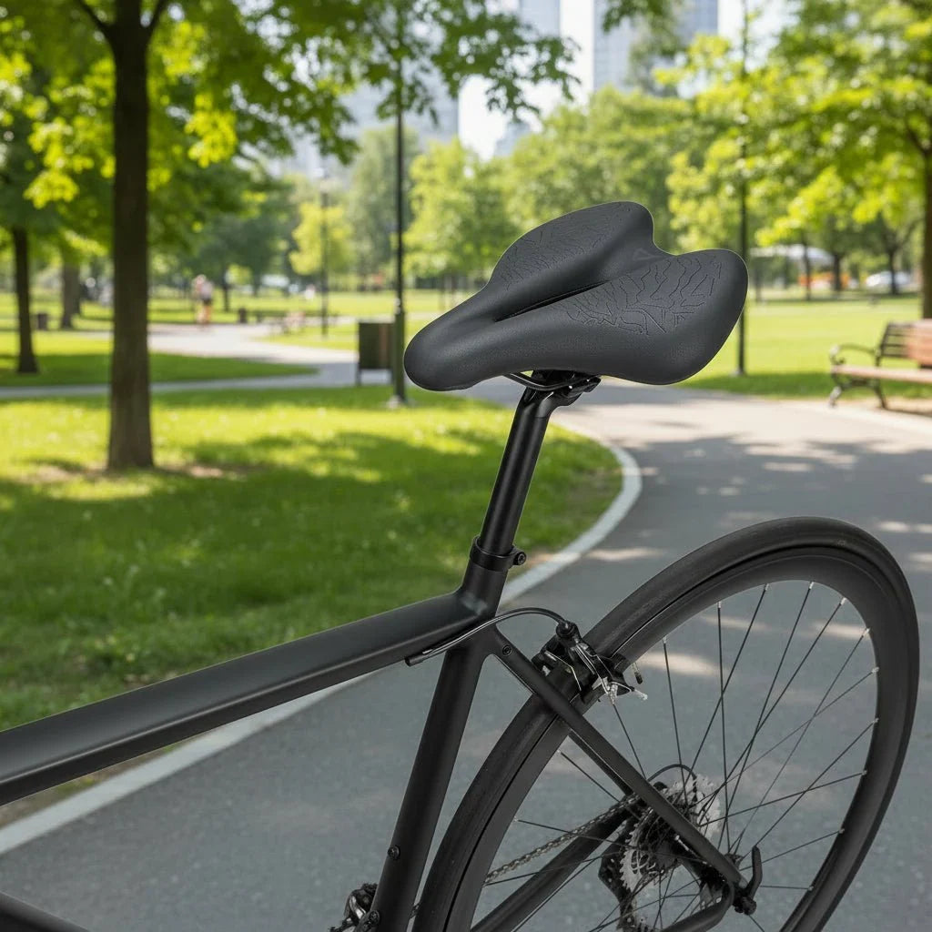 Memory foam bike seat for unisex bicycles. Ergonomic design ensures enhanced comfort and pressure relief while cycling.