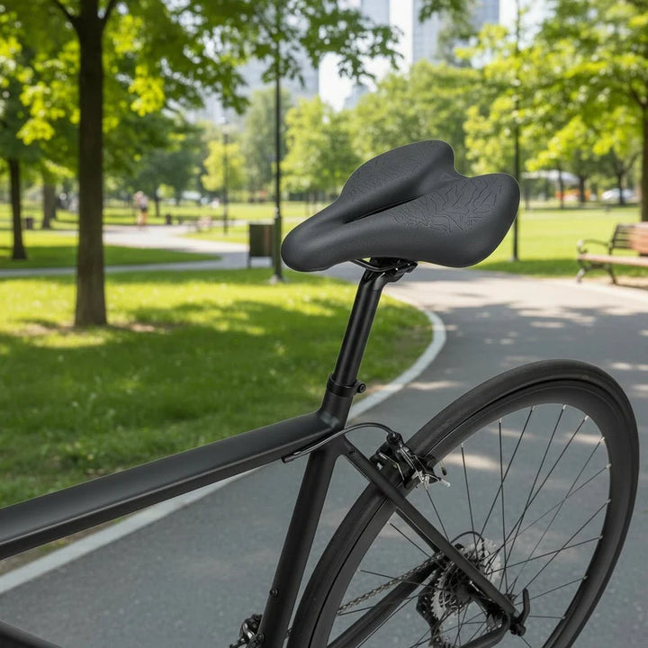 Memory foam bike seat for unisex bicycles. Ergonomic design ensures enhanced comfort and pressure relief while cycling.