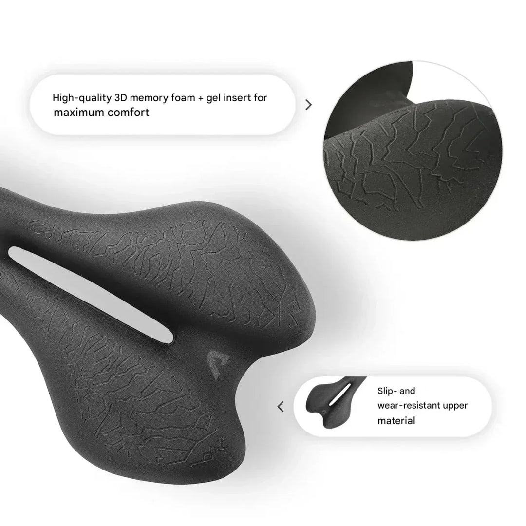 Premium bike accessory: ergonomic unisex bicycle saddle. Memory foam for ultimate comfort, breathable and durable.
