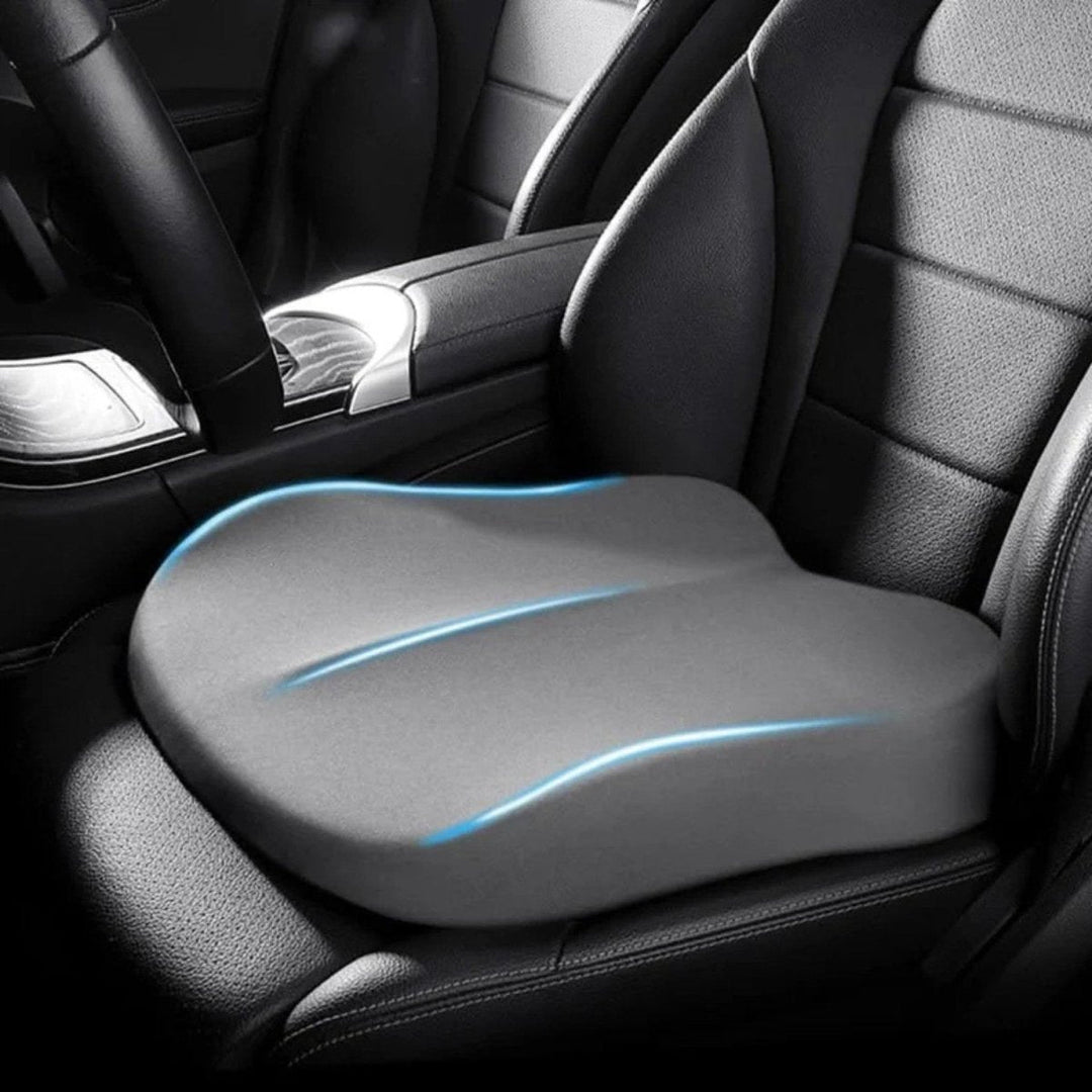 Comfort-enhancing ergonomic car seat cushion. Provides excellent back and posture support for any vehicle seat.